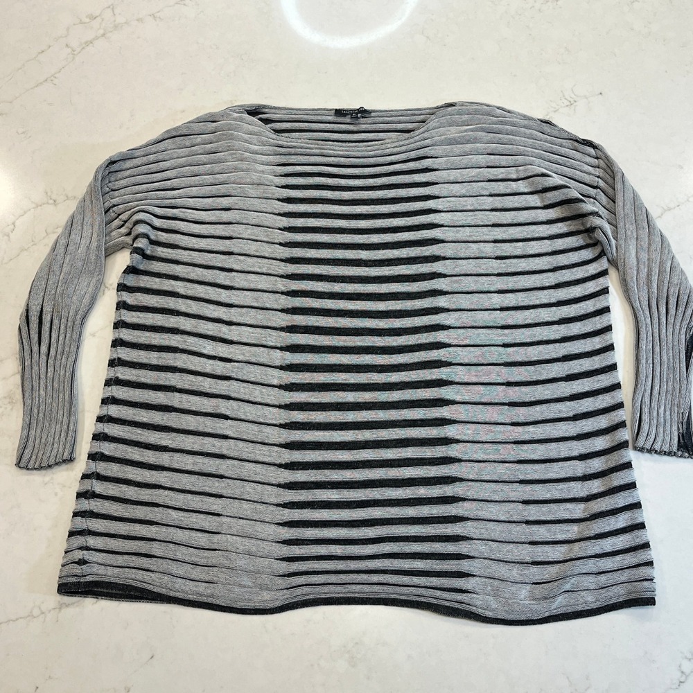 Lafayette 148 New York Striped Knit Sweater XL Grey Black Boat Neck Pleated